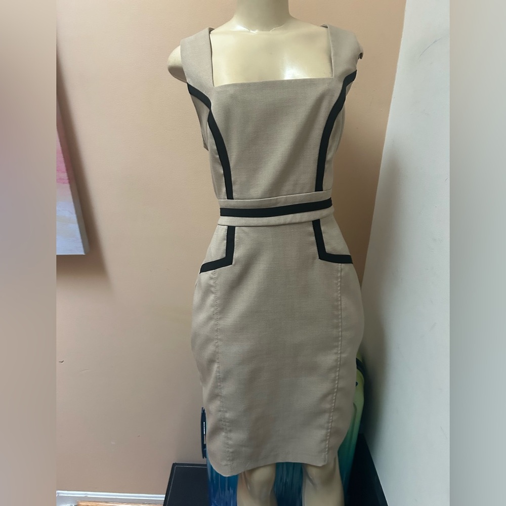 XOXO Beige Midi Dress with Black Trim